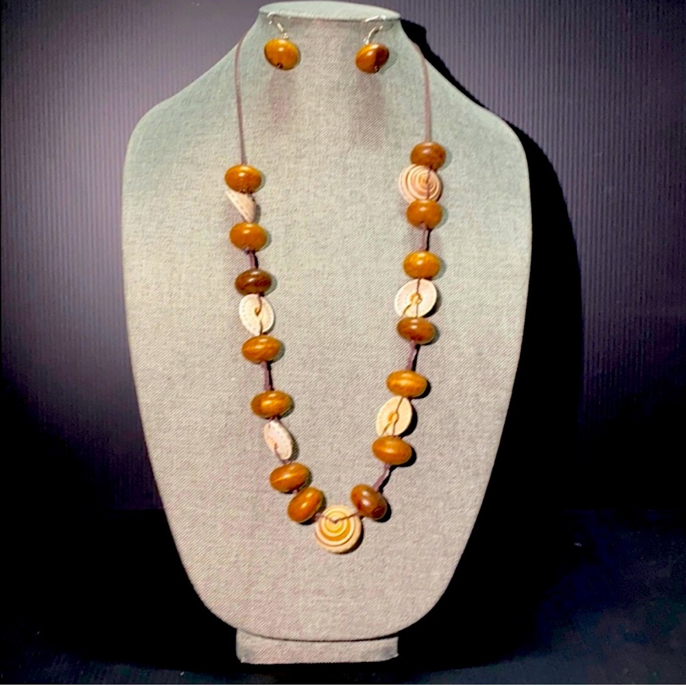 Vintage Wood Bead and Shell Necklace and Earrings Set